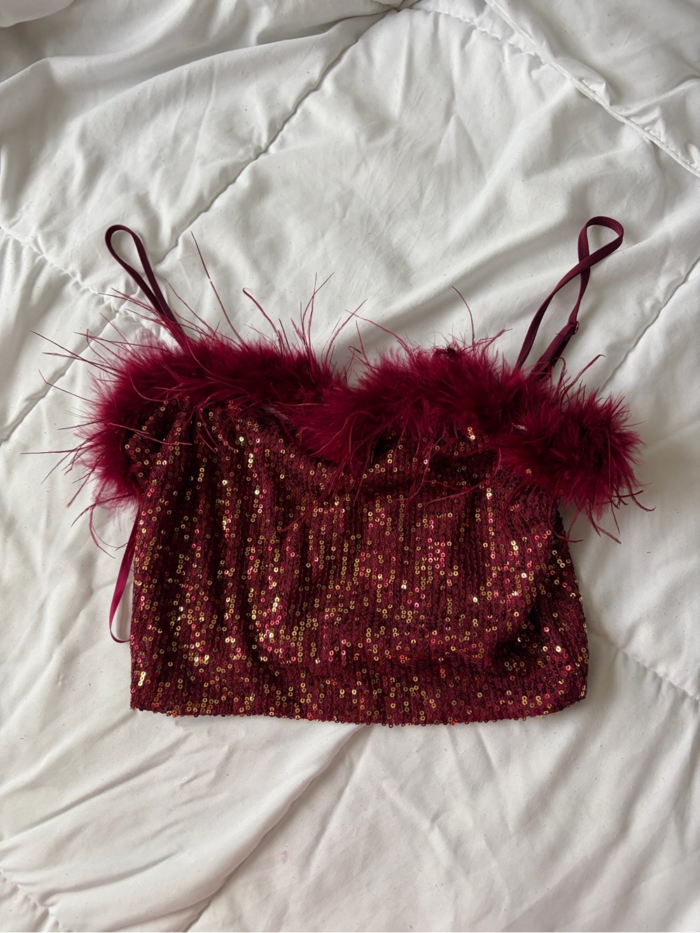 Windsor Burgundy Sequin Feather Trim Crop Cami